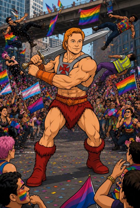 A cartoon-style illustration of a muscular blonde warrior resembling He-Man holding a sword, standing at a Pride parade with rainbow flags and a cheering crowd.