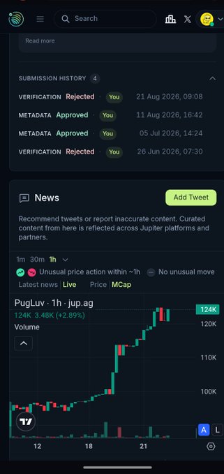 A dark-themed mobile cryptocurrency app interface showing a 'SUBMISSION HISTORY' with 'Rejected' and 'Approved' statuses, alongside a live price chart for 'PugLuv' with a green 'Mcap' indicator.