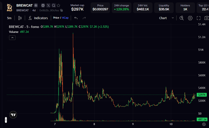 A cryptocurrency price chart for token BREWCAT showing a market cap of $297K, a price of $0.000297, and a massive 129.28% gain over 24 hours on a 5-minute candlestick chart.