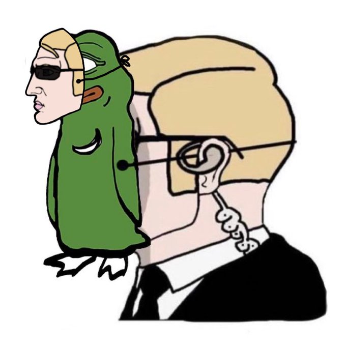 A cartoon drawing showing a man wearing sunglasses with a smaller, bizarre-looking figure (resembling a Pepe-style character) inexplicably attached to his head.