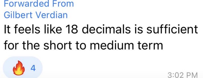 A forwarded message from Gilbert Verdian, CEO of Quant (QNT), with the text "It feels like 18 decimals is sufficient for the short to medium term," receiving 4 fire emoji reactions. The image illustrates the CEO's brief statement about the decimal precision required for the QNT token.