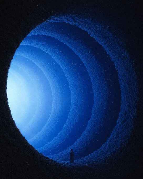 A lone figure stands at the entrance of a vast, tiered blue tunnel that radiates light from its depths, suggesting a journey into greater understanding. The image visually echoes the message "A clearer path starts with clarity," as the illuminated passageway represents the illuminating effect of mental or spiritual clarity on the road ahead.