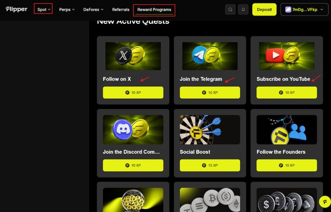 A Flipper website screenshot showing the Spot dropdown menu with options including Perps, DeForex, and Reward Programs, alongside new active quests like Follow on X, Join the Telegram, and Subscribe on YouTube worth 10 XP each.