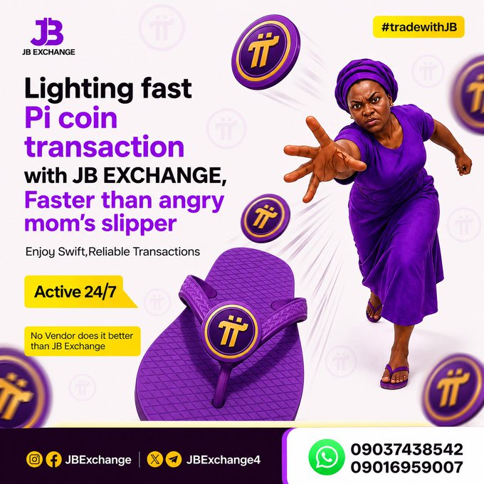 An advertisement for 'JB EXCHANGE' promotes fast Pi coin transactions, featuring a woman in purple throwing a purple Pi coin-themed slipper toward the camera.