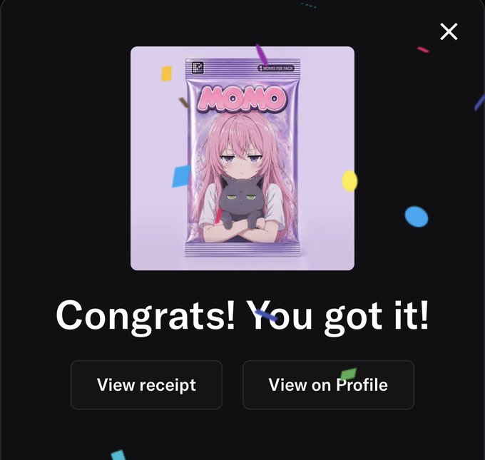 A "Congrats! You got it!" message appears after minting an anime-style digital collectible titled "MOMO," featuring a pink-haired character holding a black cat on a purple packaging design, linked to @momoyumemi.