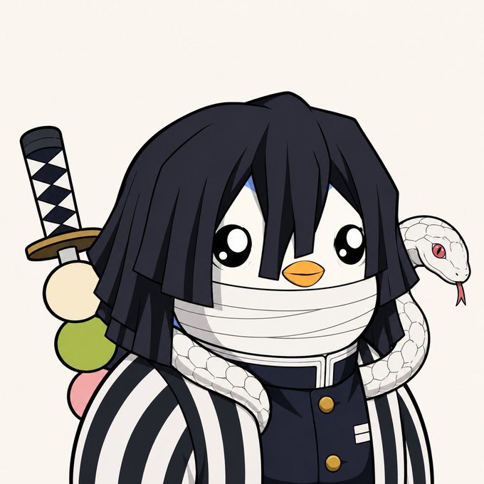 The image features a cartoon penguin wearing a black outfit, holding a sword and a snake. The penguin appears to be dressed as a character from a video game or anime series. The background of the image is white with a black border, which contrasts with the colorful elements in the foreground.