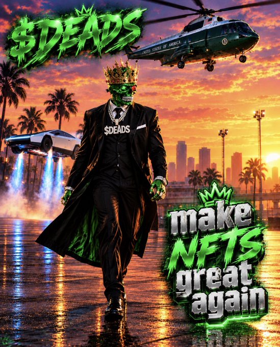 A promotional poster reading '$DEADS - make NFTs great again' featuring a skeleton figure in a suit wearing a crown, with a helicopter labeled 'UNITED STATES OF AMERICA' and a flying car against a sunset cityscape.