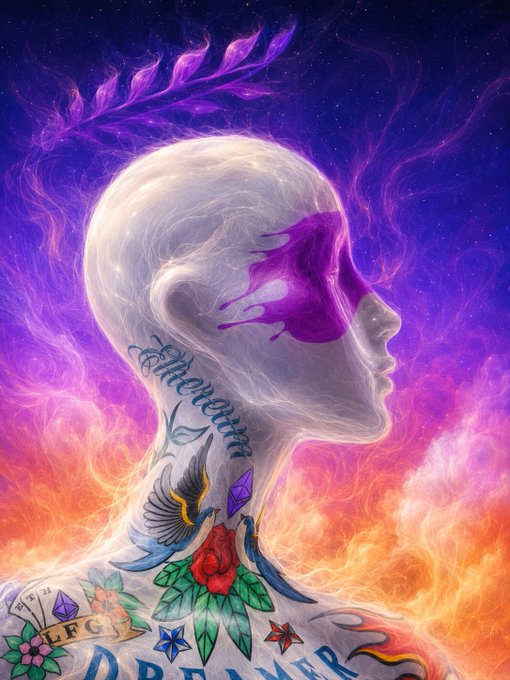 A digital artwork depicting a person's profile with a shaved head, featuring purple paint dripping over their eye and colorful tattoos on their neck, set against a vibrant purple and orange fiery background.