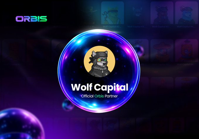 Promotional graphic for Wolf Capital, an Official Orbis Partner, featuring a cartoon wolf character in a green ninja-style outfit against a purple cosmic background.