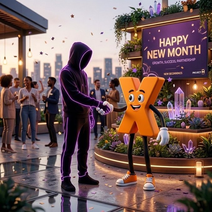 The image features two cartoon characters - an orange character with white paws and a black figure wearing a purple hoodie - standing next to each other near a crowd of people, who are also dressed up for a party or event. The crowd includes individuals holding drinks in their hands, suggesting that the gathering is taking place at a bar or similar venue. The characters appear to be shaking hands with one another, symbolizing a friendly interaction between the two.
