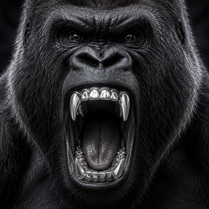A dramatic black-and-white close-up of a roaring gorilla baring its sharp metallic-looking teeth and fangs.