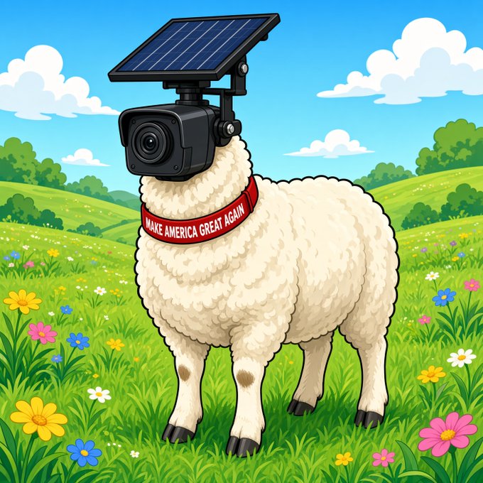 A cartoon illustration of a sheep standing in a grassy field with flowers, wearing a red "MAKE AMERICA GREAT AGAIN" sash and a large solar-powered surveillance camera mounted on its head.