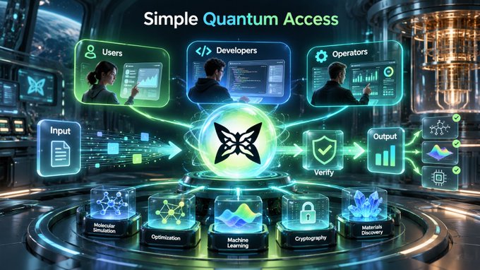 A futuristic digital graphic titled 'Simple Quantum Access' displays users, developers, and operators connected to a central quantum core with applications like Molecular Simulation, Optimization, Machine Learning, Cryptography, and Materials Discovery.