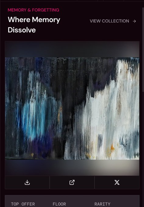 A digital art interface titled 'Where Memory Dissolve' under 'MEMORY & FORGETTING', displaying an abstract painting with blue, white, and dark vertical brushstrokes, with 'VIEW COLLECTION' link visible.