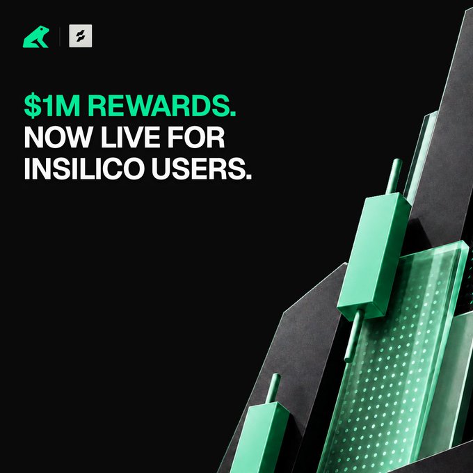 A promotional graphic on a black background announces "$1M REWARDS. NOW LIVE FOR INSILICO USERS." in bold white and green text, accompanied by a stylized green bear logo and trading icon in the top left corner, while the right side features a 3D illustration of green and black candlestick chart elements, visually representing the HIP-4 rewards program now available to InsilicoTrading users.