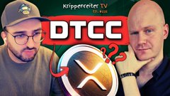 The image is a thumbnail for a "Krügerleifer TV" YouTube video titled "DTCC," featuring two hosts, one in a dark cap and glasses and another bald man, with the XRP logo prominently displayed below the title. The thumbnail ties into the post about Instant Settlement by highlighting DTCC's relevance to XRP, RLUSD, and the XRP Ledger ecosystem.