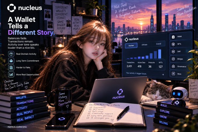 A promotional image for 'nucleus' featuring a woman with a laptop and cat, alongside text about 'A Wallet Tells a Different Story' and various blockchain statistics.