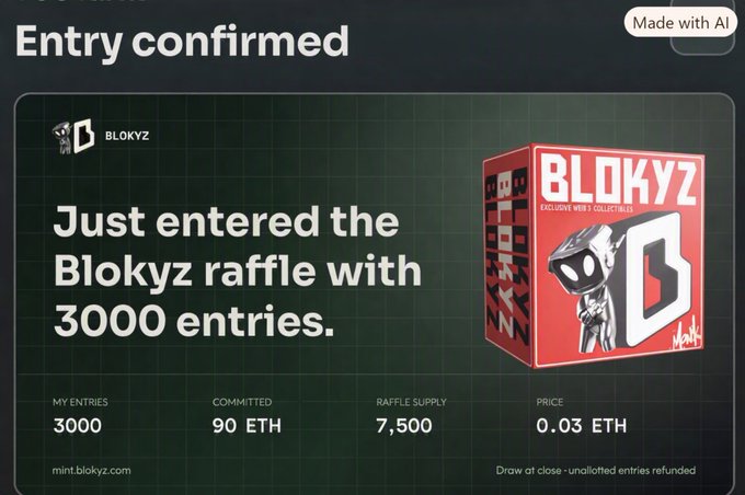 An "Entry confirmed" digital notification screen from mint.blokyz.com confirming entry into the Blokyz raffle with 3000 entries, showing 90 ETH committed out of a 7,500 raffle supply at 0.03 ETH each, marked "Made with AI."