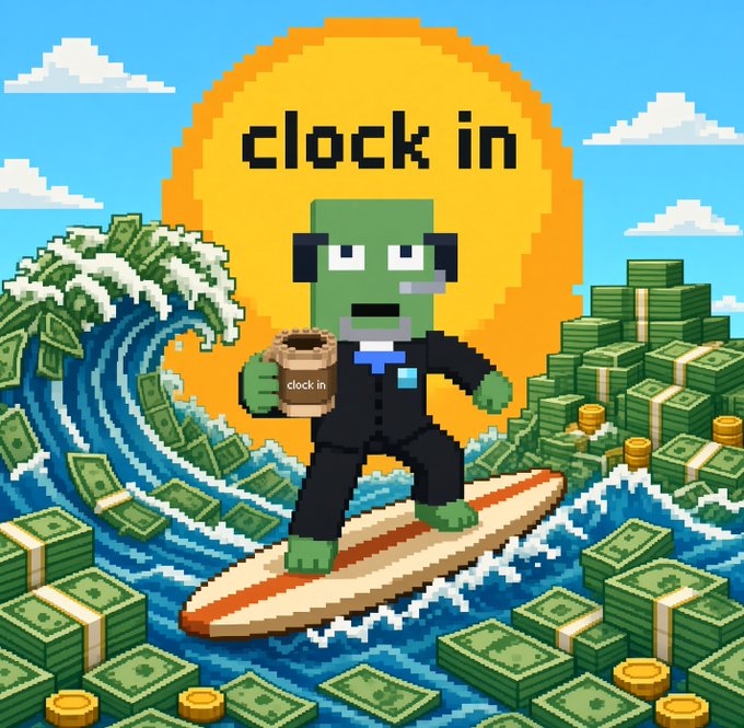 A pixel-art illustration shows a green zombie-like character in a suit surfing a wave of cash and gold coins while holding a coffee mug labeled "clock in," with "clock in" displayed above him against a sun backdrop. The image humorously symbolizes the "grind" culture of cryptocurrency trading, tying into the post's excitement about $stonkbroker's potential billion-dollar market cap and the developer's promising Robinhood Crypto and Clutch Markets connections.