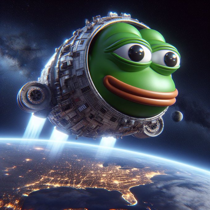 A meme image showing a spaceship with the Pepe the Frog face on it orbiting above Earth at night over city lights.