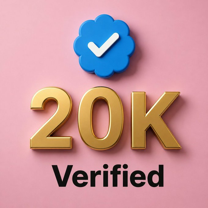 A graphic design featuring a blue checkmark badge above golden 3D text reading '20K' and black text reading 'Verified' against a pink background.