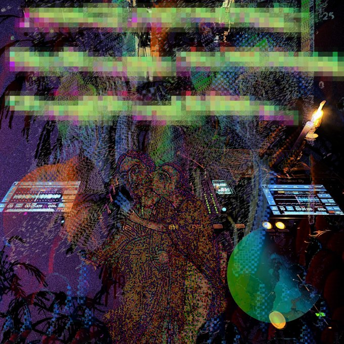 A dark, cluttered scene with pixelated text overlays, glowing screens, and a lit candle, giving off a glitchy, eerie atmosphere.