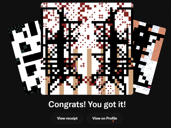 A pixel art reward screen with red and black QR-like patterns on three cards, displaying 'Congrats! You got it!' with buttons for 'View receipt' and 'View on Profile'.