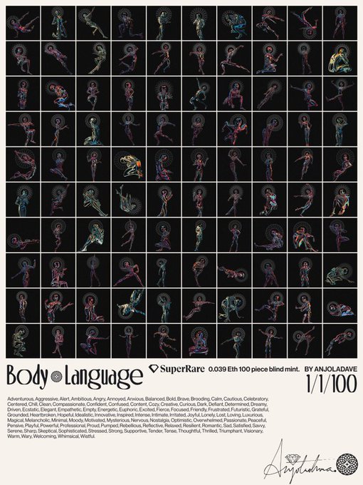 A NFT collection titled 'Body Language' by ANJOLADAVE, displaying a grid of pixelated character poses with text reading 'SuperRare', '0.039 Eth 100 piece blind mint', '1/1/100', and a list of descriptive adjectives.