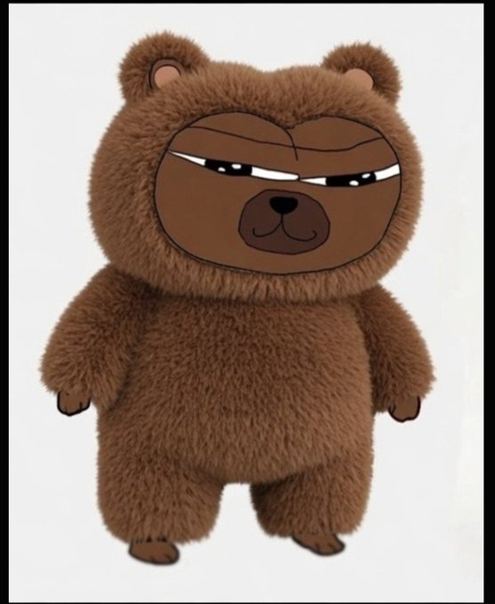 A 3D-rendered cartoon character combining a fuzzy brown teddy bear body with a flat, grumpy illustrated human face featuring furrowed brows, standing against a plain gray background.