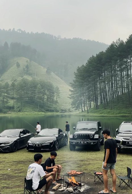 A group of friends enjoy a BBQ and fishing by a lake, with a fleet of black cars including a Jeep and a Supra parked nearby, reflecting their brotherhood and shared ambitions.