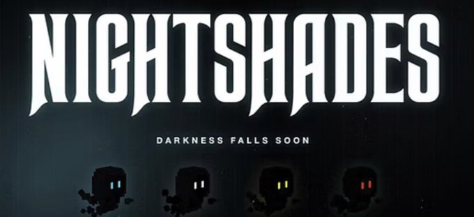 Promotional graphic for "NightShades" featuring the text "DARKNESS FALLS SOON" in a gothic font, with four small hooded pixelated figures below in blue, white, yellow, and red, teased as a special project launching on Robinhood Crypto.