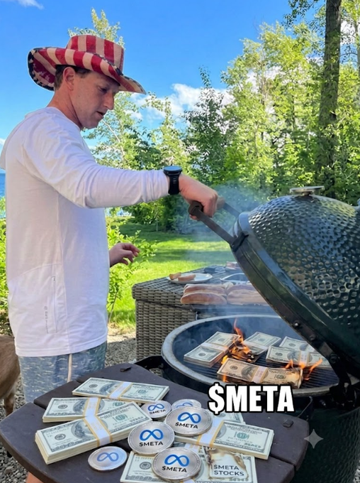 A man wearing an American flag cowboy hat grills bills and branded "SMETA" chips on a barbecue, whimsically "cooking money" alongside the text "SMETA" — a meme playing on the Meta brand to promote trading $META perpetuals with up to 20x leverage on Decibel's onchain orderbook.