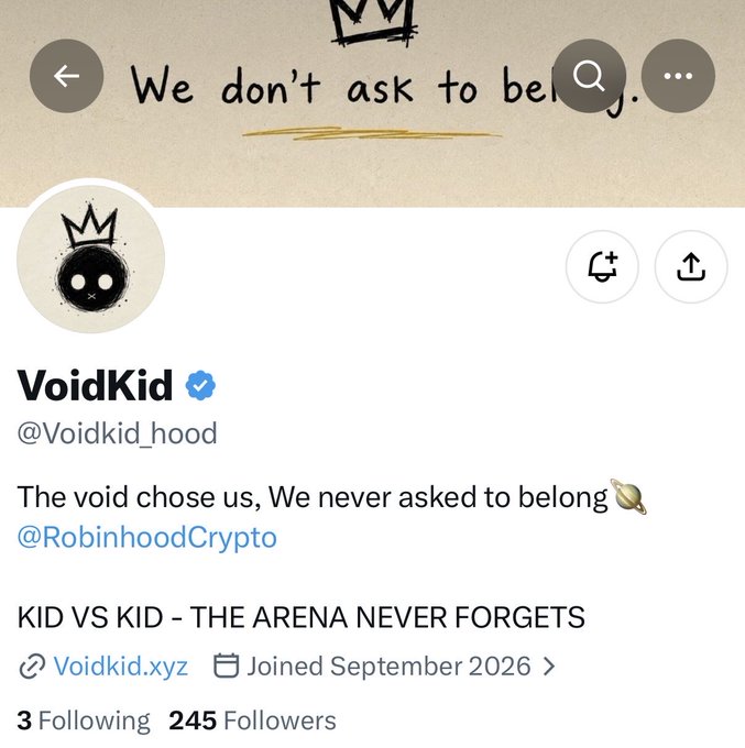 A Twitter profile for 'VoidKid' (@Voidkid_hood) with the bio 'The void chose us, We never asked to belong @RobinhoodCrypto' and tagline 'KID VS KID - THE ARENA NEVER FORGETS', showing 3 following and 245 followers.