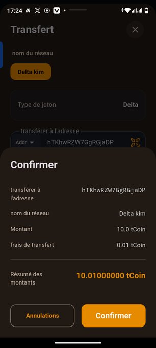A mobile app confirmation screen for a crypto token transfer on the Delta kim network, showing a transaction of 10.0 tCoin (with a 0.01 tCoin fee) being sent to the address hTKhwRZW7GgRGjaDP, with a total summary of 10.01000000 tCoin and "Confirmer"/"Annulations" buttons. This visually demonstrates the final confirmation step of the token swap process described in the post.