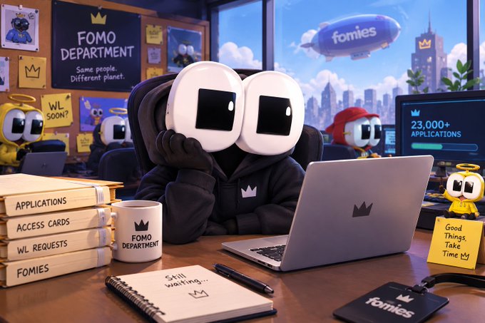 A 3D-rendered cartoon character with large white eyes and a black hoodie sitting at a desk in the 'FOMO Department', surrounded by folders labeled 'APPLICATIONS', 'ACCESS CARDS', and 'WL REQUESTS', with '23,000+ APPLICATIONS' displayed on the monitor.
