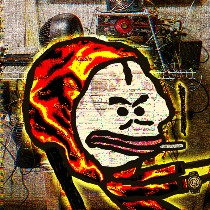 A chaotic digital artwork featuring an angry face wearing a hood covered in the word "bitcoin", smoking a cigarette, set against a glitchy background with electronic equipment.