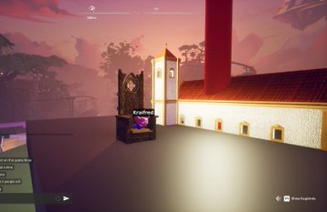 A white building and a throne with the name Kraifred can be seen in this screen shot of a video game. In the accompanying post, the person says that they saw the game and stumbled upon some jolly filled games.