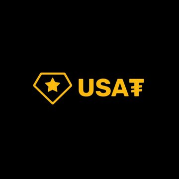 The image features the yellow USAT (USA₮) logo, a stylized emblem resembling a superhero crest with a star, displayed on a black background. This visual ties directly to the announcement of Self.xyz and USA₮ launching a privacy-preserving stablecoin distribution program on Celo, where users verify their unique identity via passport to receive tokens.