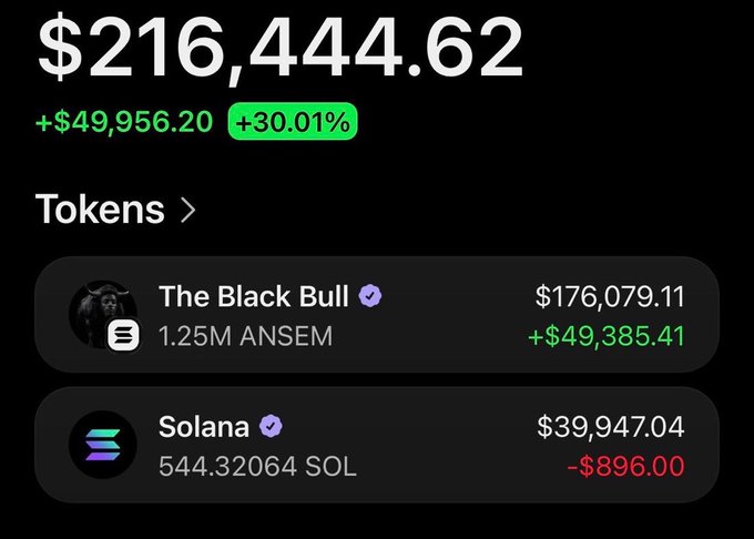 The image shows a crypto portfolio dashboard displaying a total value of $216,444.62 (+30.01%), with holdings in "The Black Bull" ANSEM token ($176,079.11) and 544.32 Solana ($39,947.04). The post is likely using this impressive portfolio gain as social proof to attract followers for an upcoming airdrop, encouraging users to comment their Solana addresses for eligibility.
