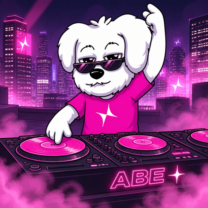 A cartoon illustration of a white dog wearing sunglasses and a pink shirt, labeled 'ABE,' DJing at a turntable against a neon purple city skyline.