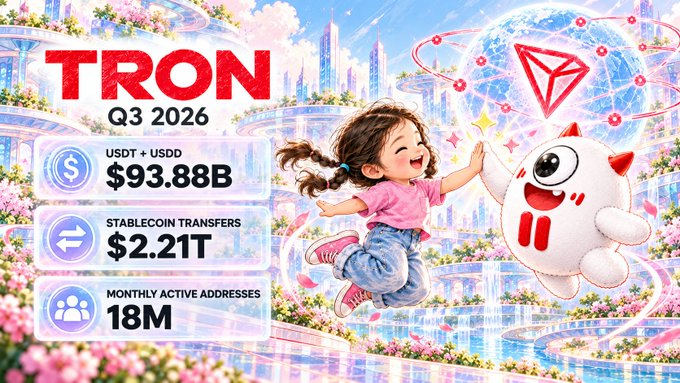 A promotional graphic for TRON dated Q3 2026, displaying $93.88B in USDT + USDD, $2.21T in stablecoin transfers, and 18M monthly active addresses, featuring an illustrated child with a TRON mascot.