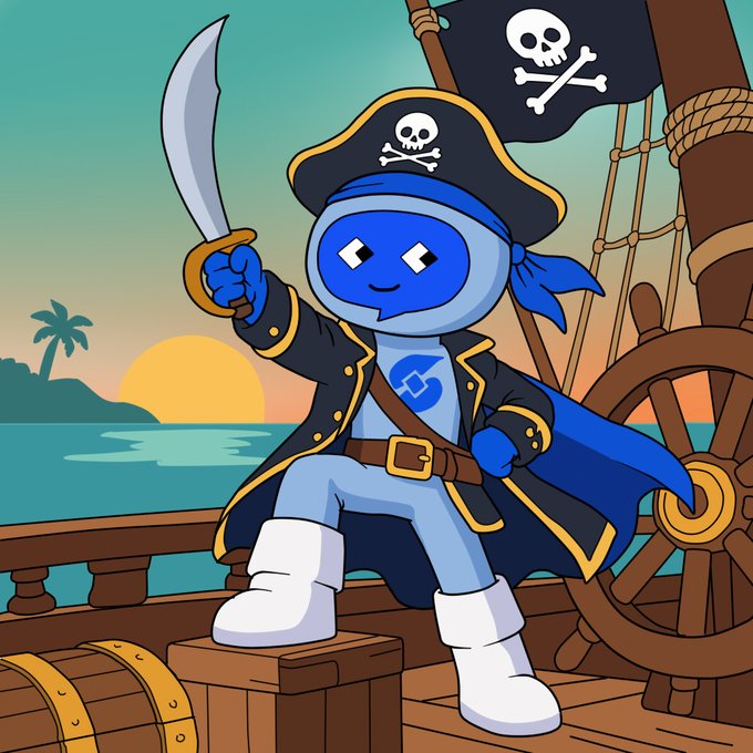 A cartoon pirate mascot character wearing a skull-and-crossbones hat and holding a sword, standing on a ship deck with a tropical sunset in the background.