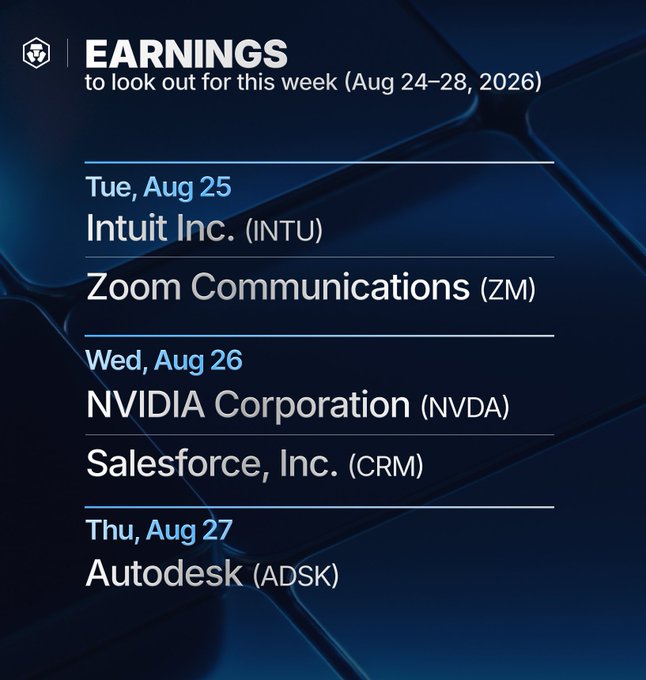 A graphic titled "EARNINGS to look out for this week (Aug 24-28, 2026)" lists upcoming company earnings reports: Intuit Inc. (INTU) and Zoom Communications (ZM) on Tue, Aug 25; NVIDIA Corporation (NVDA) and Salesforce, Inc. (CRM) on Wed, Aug 26; and Autodesk (ADSK) on Thu, Aug 27—pairing with the post's teaser of another earnings week ahead on Crypto.com.