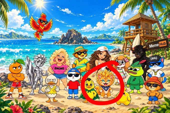 A cartoon beach scene with various meme characters, with a small fire-breathing orange creature circled in red.
