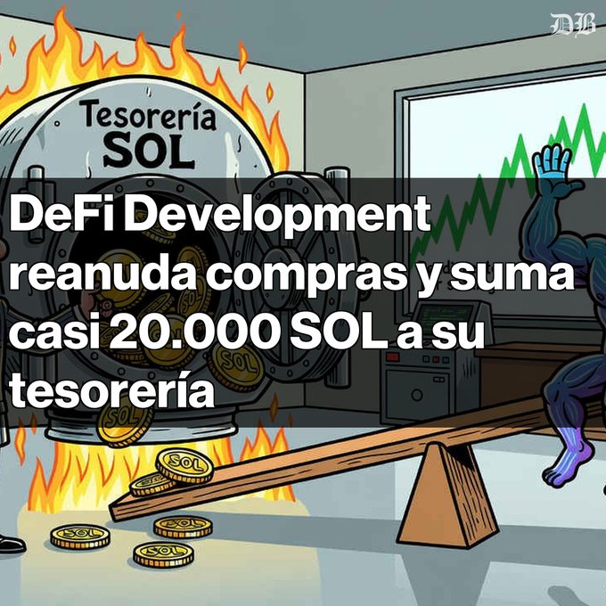 A cartoon illustration of a vault labeled 'Tesorería SOL' on fire serves as the background for Spanish text reading 'DeFi Development reanuda compras y suma casi 20.000 SOL a su tesorería', depicting a muscular blue character celebrating near a rising green chart.