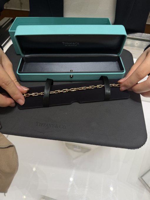 Two hands present a gold chain-link bracelet displayed on a cushion inside an open Tiffany & Co. box, with the signature teal blue packaging visible.