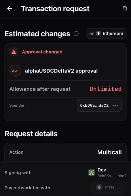A mobile wallet transaction request screen shows an 'alphaUSDCDeltaV2 approval' on Ethereum with unlimited allowance set to spend on address 0xb06a...dac2.