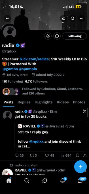 The image shows a Twitter/X profile page for user "radix" (@rqdixx), a streamer with 6.7K followers, displaying a recent post offering paid replies at "25 bucks" and mentioning "RAVIEL" (@ifwraviel), with engagement metrics like 26 reposts, 3 replies, 48 likes, and 694 views.

The accompanying post with the Solana contract address ("BakyXRTtW2cdivHrqoENQhSfaMjGLRgDudV8QSBGcKNf") and "Thanks Lyxx" appears unrelated to this Twitter profile, suggesting the image and post may be mismatched or the contract is being shared in a separate context.