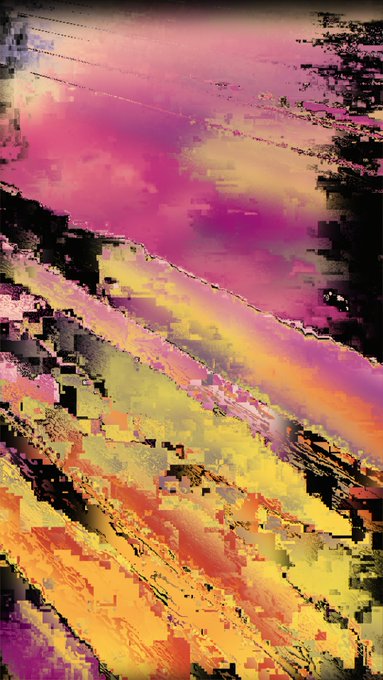 An abstract digital artwork with glitch effects featuring vibrant pink, magenta, yellow, and black diagonal brushstroke patterns.