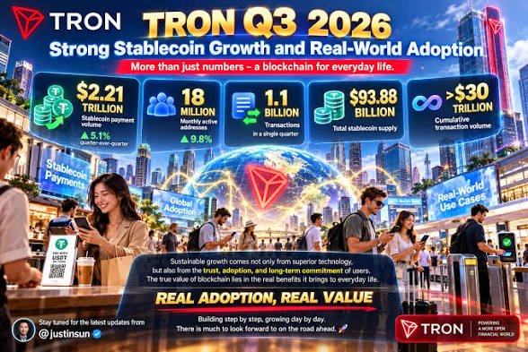 A colorful promotional graphic for TRON titled “TRON Q3 2026” with the slogan “Strong Stablecoin Growth and Real-World Adoption.” It highlights “$2.21 TRILLION stablecoin payment volume,” “18 MILLION monthly active addresses,” “1.1 BILLION transactions in a single quarter,” “$93.88 BILLION total stablecoin supply,” and “>$30 TRILLION cumulative transaction volume,” above a futuristic city scene labeled “REAL ADOPTION, REAL VALUE.”
